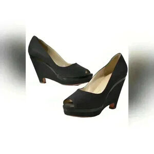 1990s JIL SANDER Navy Linen Wedge Heel Peep  Toe Platform Pump 7US Italy